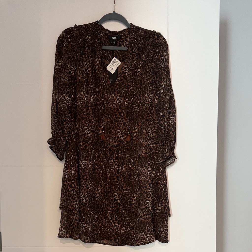 Paige Dark Brown Leopard-Print 3/4 Sleeve Dress With Pull Tie Waist